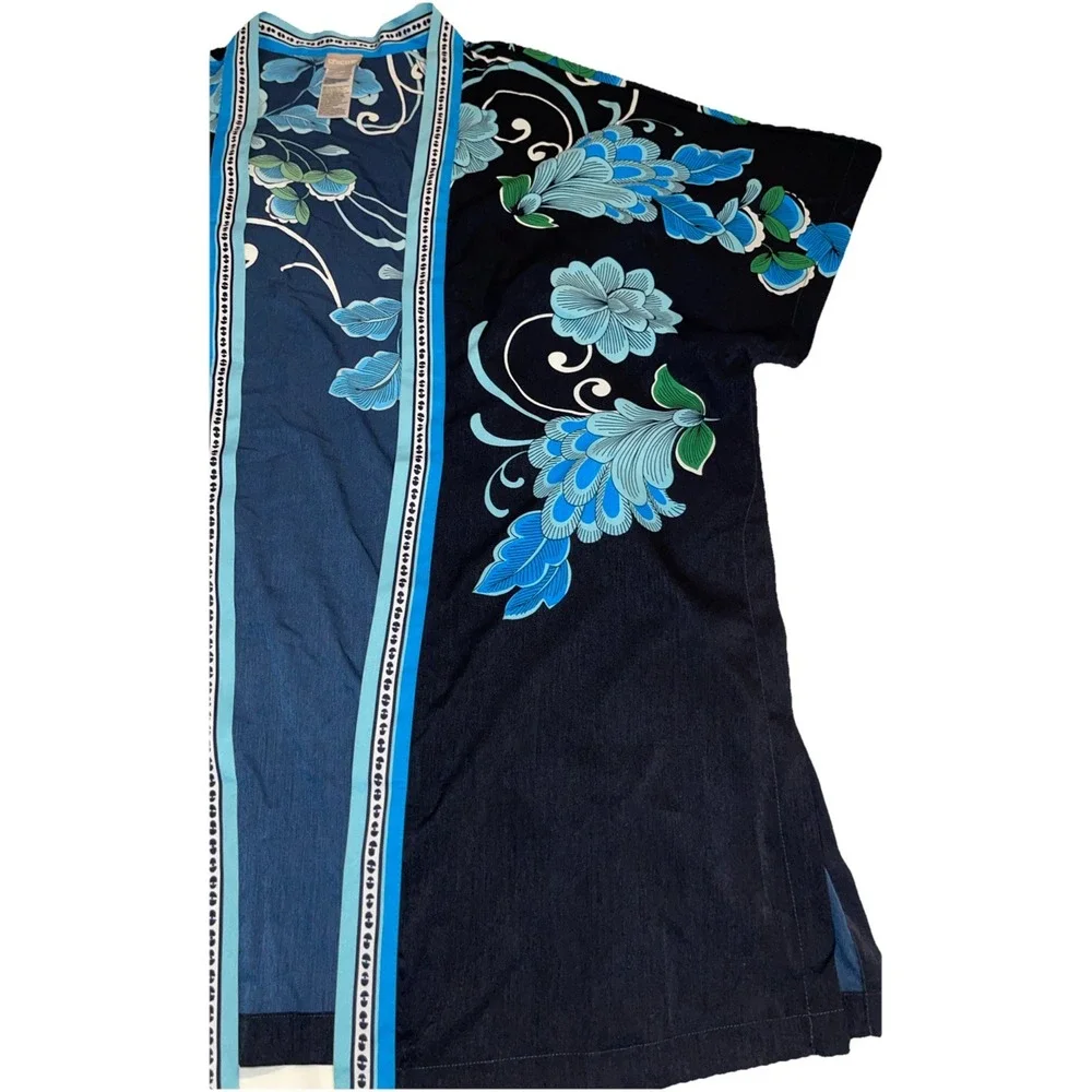 Chicos Small Women's Black Blue Floral Kimono Bathing Suit Cover Robe
